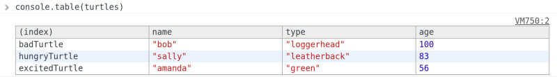 console.table debugging output