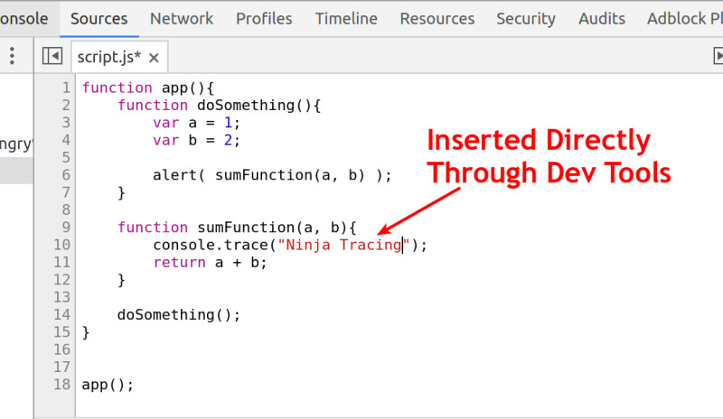 Inserting console.trace directly though dev tools